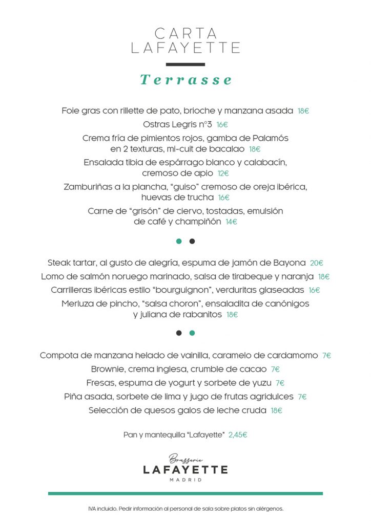 Comida francesa Madrid La carta Brasserie Lafayette